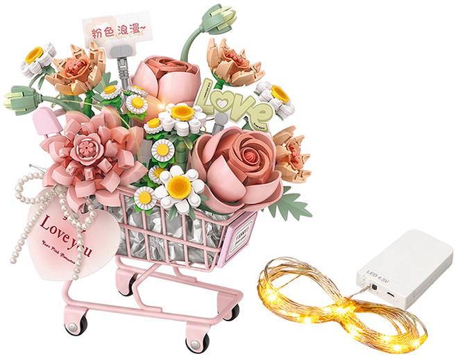 LoZ 4124 微型迷你積木 推車花禮 浪漫粉 附燈飾 + 電池盒, 1套