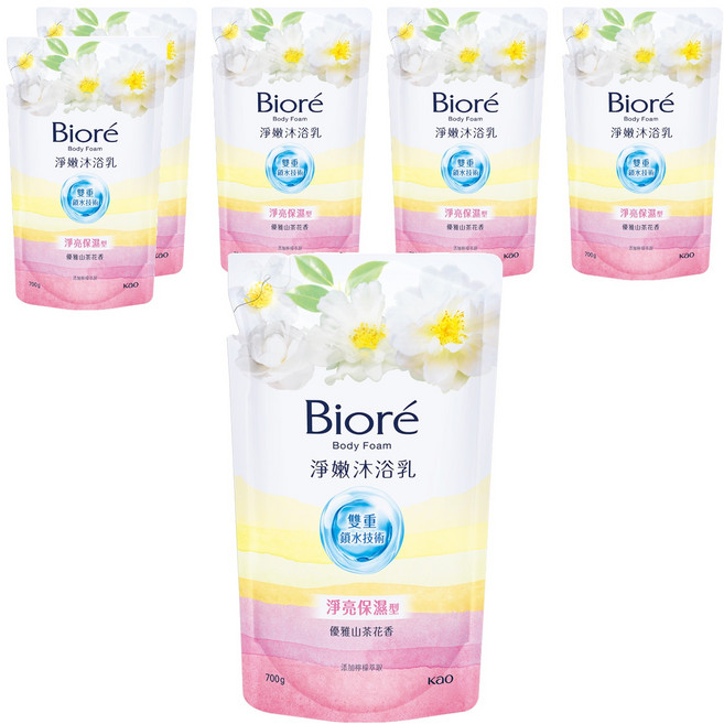 Biore 蜜妮 台灣公司貨 淨嫩沐浴乳 優雅山茶花香 淨亮保濕型 補充包, 700g, 6包