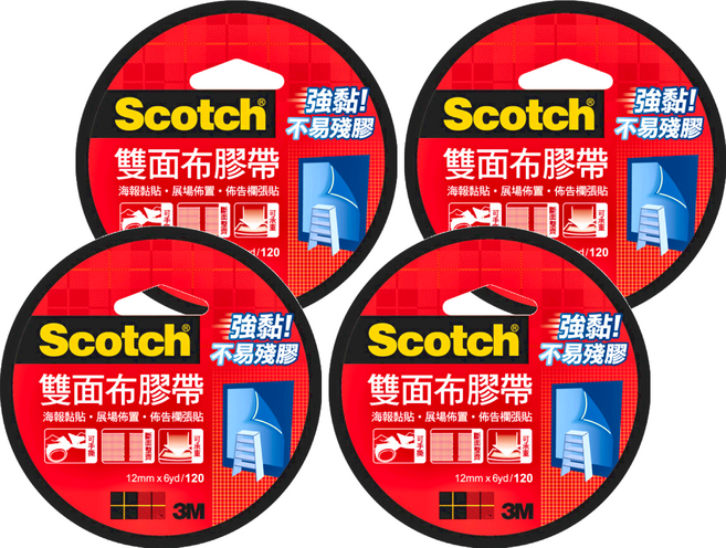 3M Scotch 雙面布膠帶 12mm x 6yd, 透明色, 4個