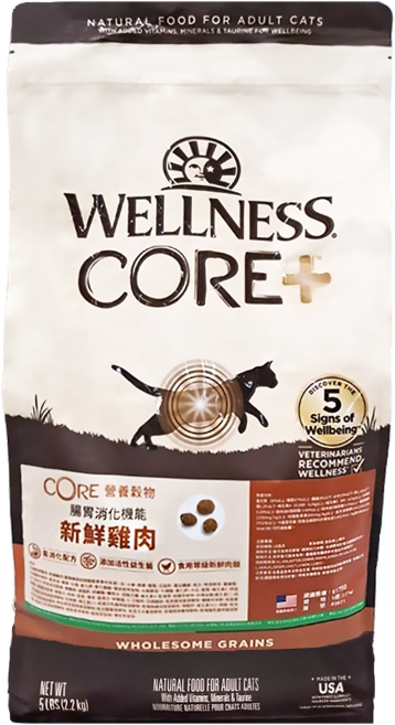 WELLNESS 寵物健康 室內貓 CORE 營養穀物 腸胃消化機能 乾飼料, 新鮮雞肉, 5lb, 1袋