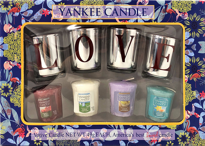 Yankee Candle 香氛蠟燭禮物組 49克 4個 + LOVE燭杯 4個 + 禮物袋, 黑櫻桃+純淨棉+檸檬薰衣草+巴哈馬微風, 銀色 + 紫色