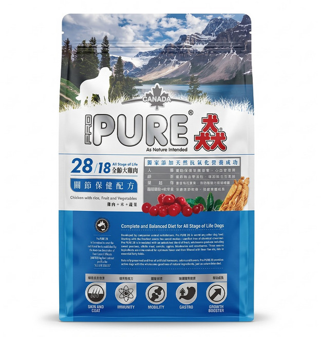 PRO PURE 猋 全齡犬 關節保健配方 乾飼料, 雞肉 + 米 + 蔬果, 3kg, 1袋