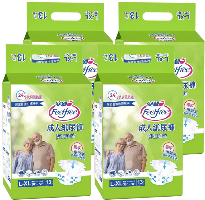 Feelfree 安親 成人紙尿褲 防漏加強型, L~XL(38~58吋), 13片, 4包