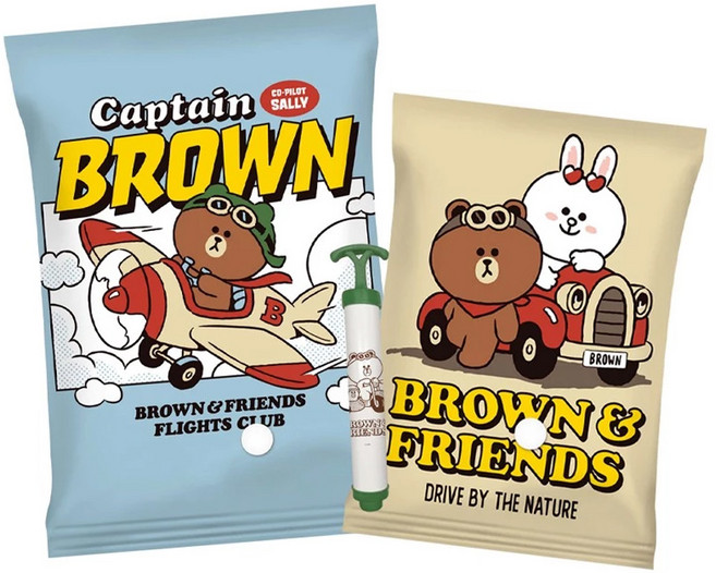 收納王妃 LINE FRIENDS 真空壓縮袋 熊大 飛行員 大號 x 4 + 中號 x 4 + 抽氣筒, 1組