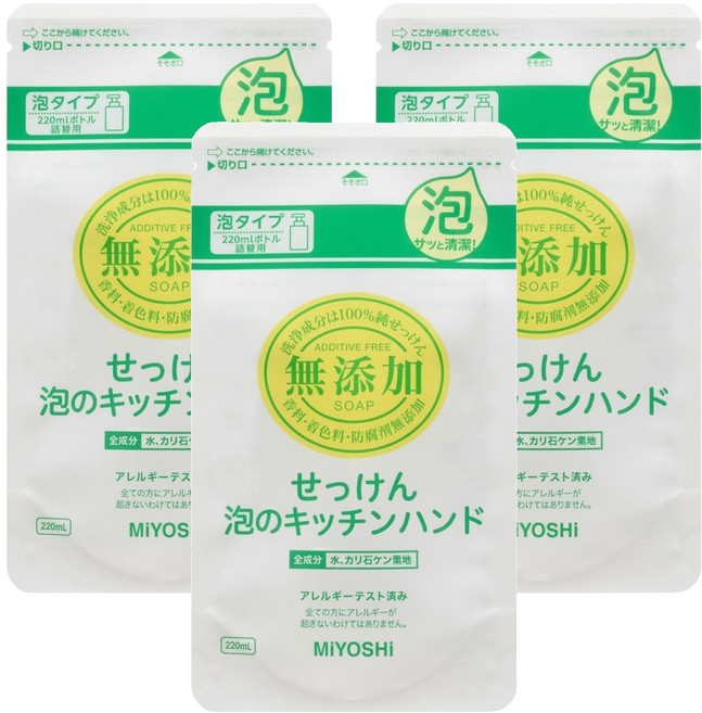 MIYOSHI 無添加 廚房泡沫洗手乳補充包, 220ml, 3件