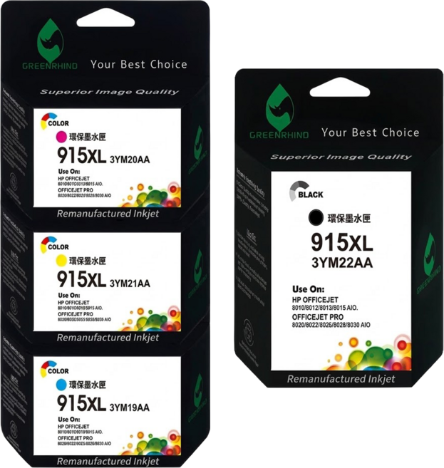 GREENRHINO 綠犀牛 相容HP 915XL 3YM22AA/3YM21AA/3YM20AA/3YM19AA 高容量環保墨水匣, 1套, 黑色 + 紅色 + 黃色 + 藍色