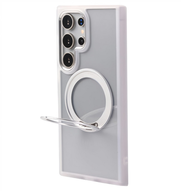 Moxbii 手機 保護殼 手機保護殼 Samsung S24 Ultra 旋轉磁吸支架 防摔軟邊框 PC硬背板 一體式 鋁合金磁吸支架 銀月白 + 航太銀