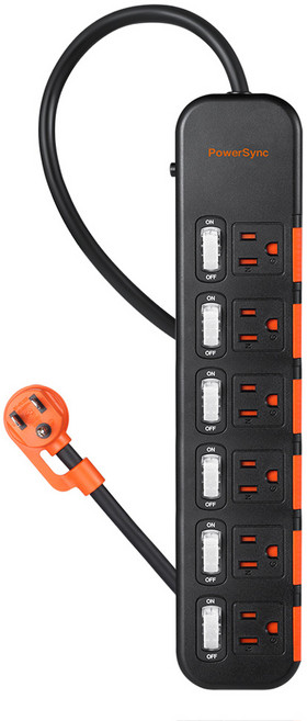 PowerSync 群加 6開6插滑蓋防塵防雷擊延長用電源線組, 黑色 + 紅色, 1條, 4.5m