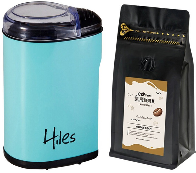 Hiles Cafe 電動咖啡豆磨豆機 水藍色 + COFeeL 凱飛 鮮烘咖啡豆 衣索比亞耶加雪夫, HE-8500