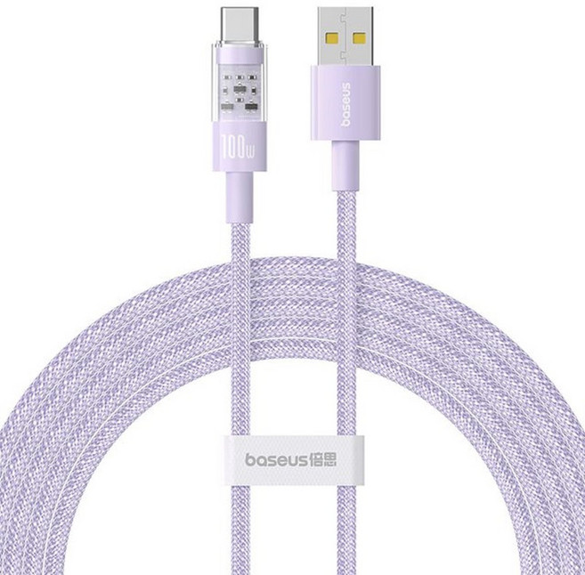 Baseus 倍思 透明CD系列 USB to Type-C 100W 快充傳輸線, 2m, 星雲紫, 1條