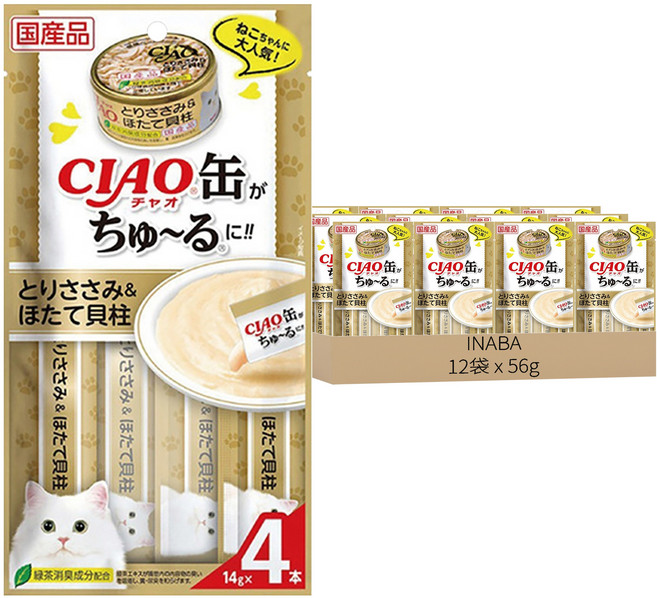 INABA CIAO 啾嚕 旨定系列 肉泥, 雞肉 + 干貝, 56g, 12袋