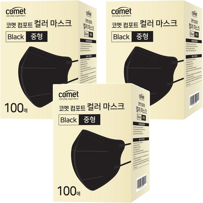 comet 舒適單色鳥嘴型口罩 M, 100片, 3盒, 黑色