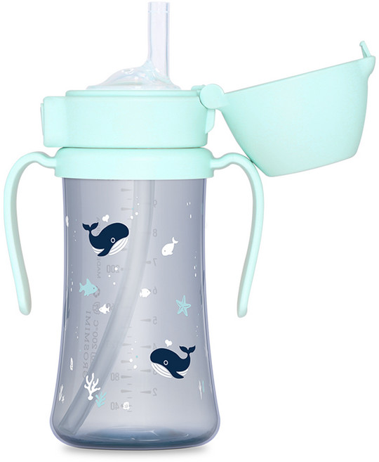 GROSMIMI 嬰幼兒用 PPSU 寶寶鯨魚 吸管杯, 奶油藍, 300ml, 1個