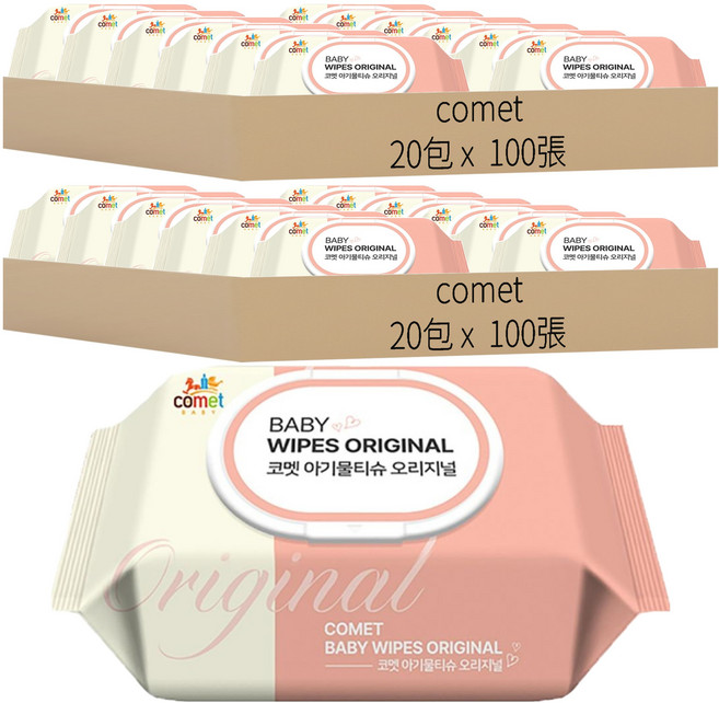 comet Original 嬰兒用濕紙巾 掀蓋式 加厚型, 50gsm, 100張, 40包