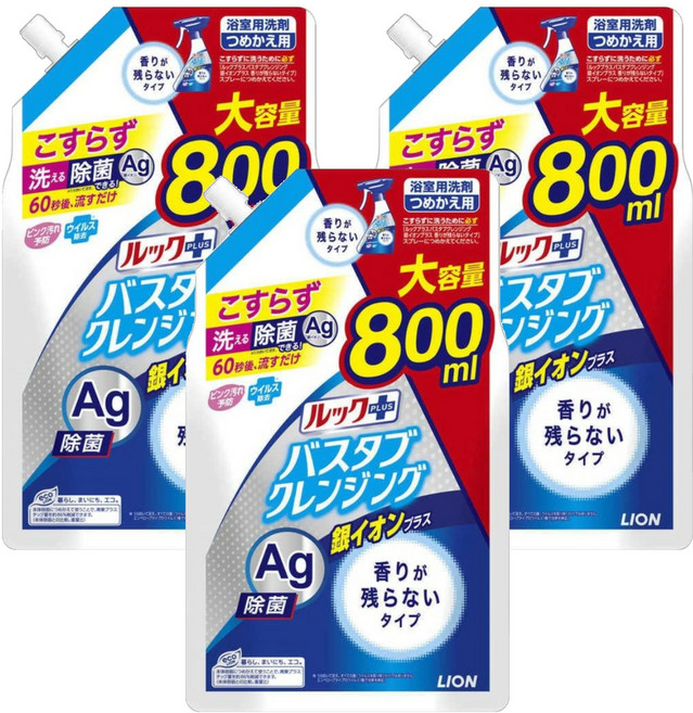 LION 獅王 LOOK PLUS 浴室用噴霧洗劑 銀離子強化版 草本綠草香, 800ml, 3包