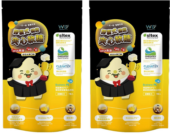 WD 唯多多 膠囊式機能夾心軟糖 DHA魚油 + PS + E, 25.2g, 7顆, 2袋