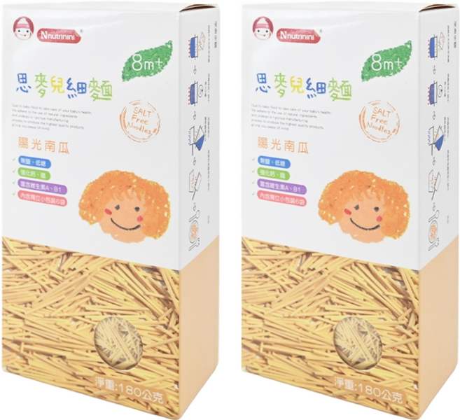 Nnutrinini 脆妮妮 思麥兒細麵 陽光南瓜 8個月以上寶寶適用 添加鈣鐵維生素 無鹽細麵條, 180g, 2盒