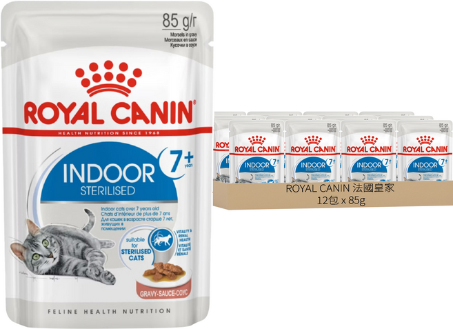 ROYAL CANIN 法國皇家 熟齡貓 室內濕糧IN+7W, 肉 + 穀類, 85g, 12包