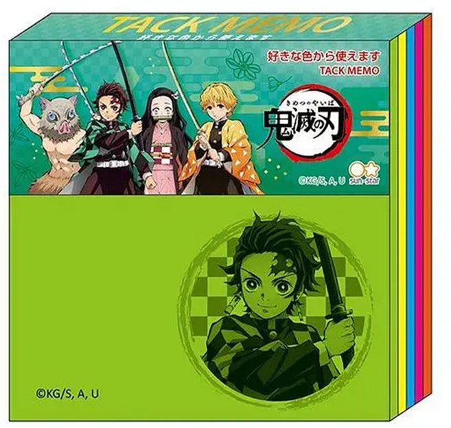 sun-star 日本進口 鬼滅之刃 五色便利貼 70 x 70 x 11mm, 鬼殺四人小隊 綠色 + 黃色 + 藍色 + 紅色 + 橘色, 100張, 1本