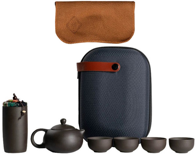 紫砂旅行茶具套組 1壺4杯, 1組, 茶壺 + 杯子 + 密封罐 + 茶巾 + 收納盒, 顏色隨機