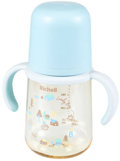Richell 利其爾 HE PPSU寬口雙握哺乳奶瓶 3個月以上, 森之樂 藍色 + 透明色, 240ml, 1個