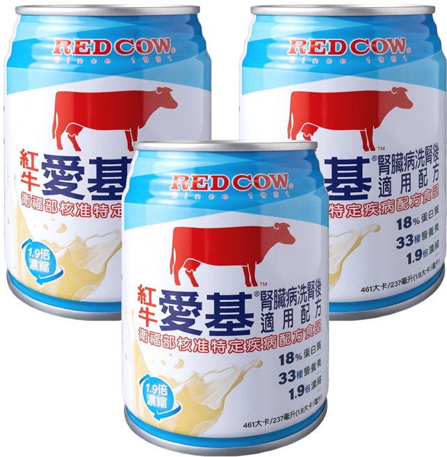 RED COW 紅牛 愛基 低電解質營養液 腎臟病洗腎後適用配方, 237ml, 3罐