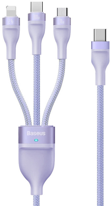 Baseus 倍思 閃速2一拖3 PD接口Type-C-Micro + Lightning + Type-C快充線, 1.5m, 紫色, 1條