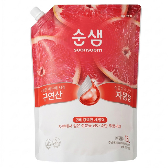 Soonsaem 檸檬酸蔬果碗盤洗潔劑補充包 葡萄柚香, 1.6L, 1包