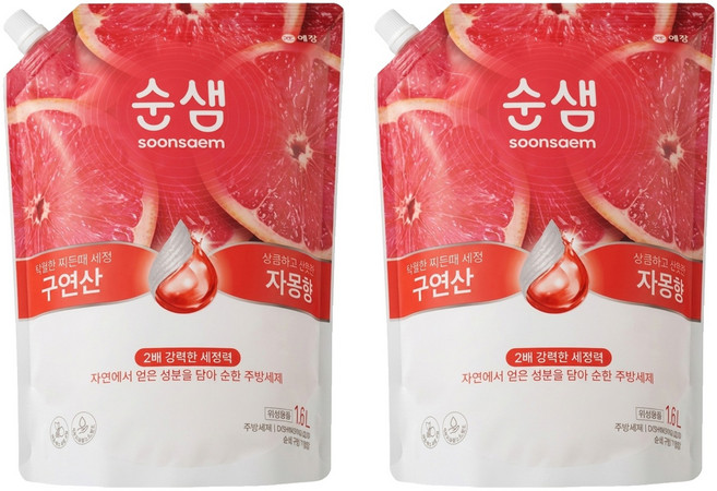 Soonsaem 檸檬酸蔬果碗盤洗潔劑補充包 葡萄柚香, 1.6L, 2包
