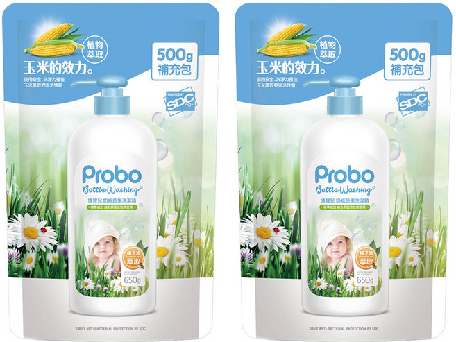 Probo 博寶兒 奶瓶蔬果洗潔精 補充包, 500g, 2包