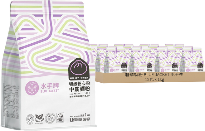 聯華製粉 BLUE JACKET 水手牌 特級粉心粉中筋麵粉, 1kg, 12包