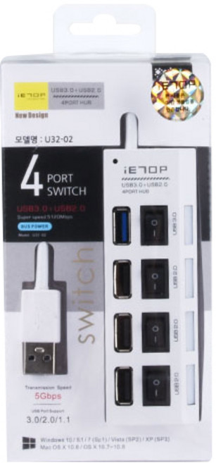 iETOP USB3.0 4埠USB集線器 獨立開關 附電源 U32-02, 白色