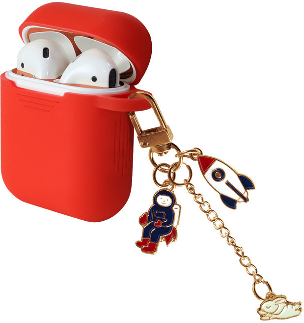 Awesome Design 太空飛行鑰匙圈 矽膠 AirPods 1/2 果凍保護殼 + 防鐵粉貼紙, 單一商品, 太空出發