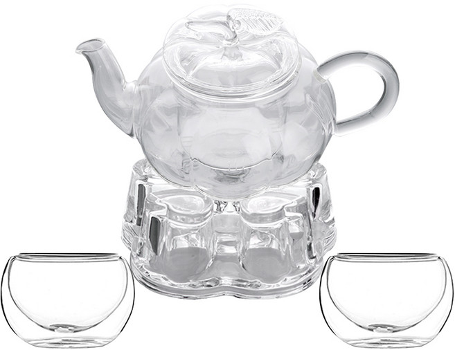 BELLE design 南瓜玻璃茶具組, 透明, 茶壺 600ml + 暖茶器 M + 雙層杯 80ml x 2入, 1個