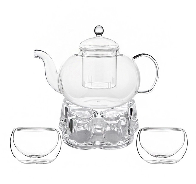 BELLE design Aden 耐熱玻璃茶壺 600ml + 暖茶器 + 雙層杯 80ml x 2入, 單一顏色