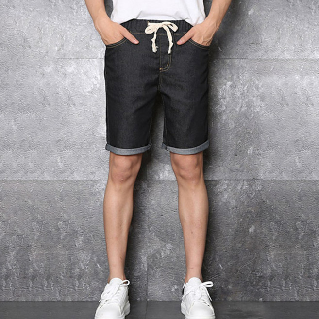 pantshouse 男款夏季綁帶反摺5分牛仔褲