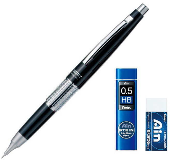 Pentel 飛龍文具 Mannen CIL Kerry 黑色自動鉛筆 P1035-AD + AIN HB 筆芯 + AIN 橡皮擦組合, 0.5mm, 1組