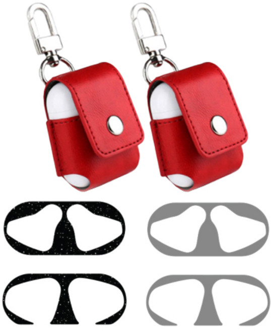 DC NET WORK AirPods 1 / 2 皮革保護殼 2入 + 防鐵粉貼紙 2入 + 鑰匙圈, 紅色(保護殼), 隨機出貨(鑰匙圈, 貼紙), 單一商品, 1個