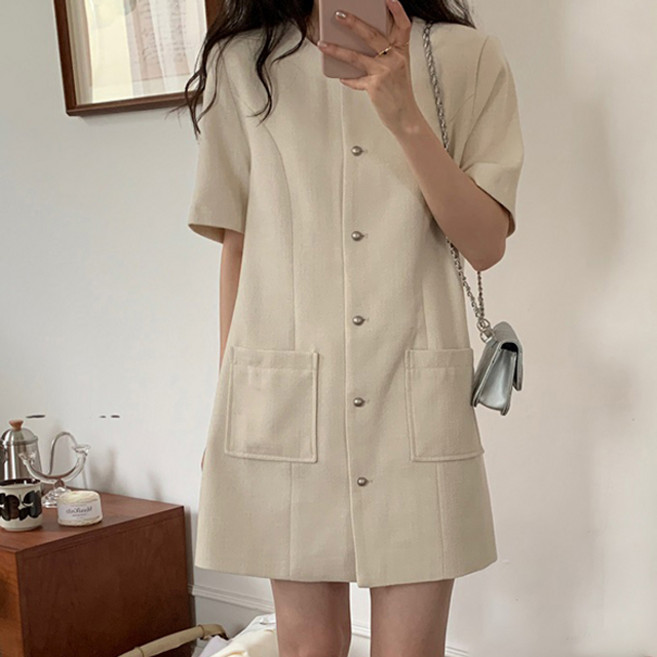 PAPERMENTS 女款Shawively斜紋軟呢口袋迷你連身裙, 白色