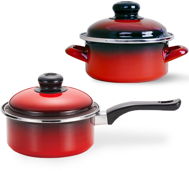 ELO 電磁爐用紅色琺瑯料理鍋2件組, 紅色, 單柄鍋 16cm + 淺型鍋 14cm