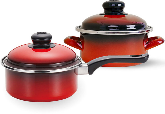 ELO 電磁爐用料理鍋 紅色琺瑯 2件組, 紅色, 淺型鍋 16cm + 單柄鍋 18cm