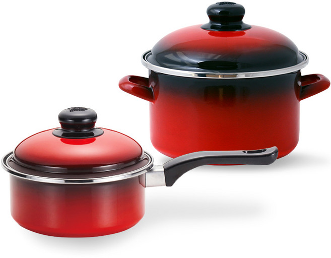 ELO 電磁爐用 Cookpot 紅色琺瑯2件組, 紅色, 單柄鍋 14cm + 深鍋 20cm
