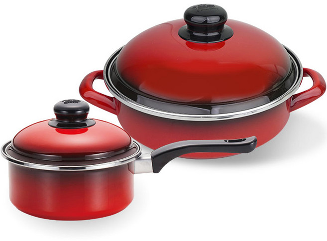 ELO 電磁爐用料理鍋 紅色琺瑯 火鍋 20cm + 單柄鍋 16cm 套組 2入, 火鍋 + 單柄鍋, 紅色