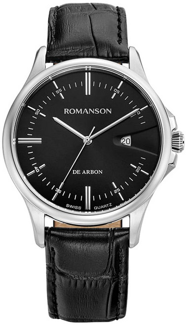 ROMANSON De Arborn Sleek Date 銀色錶盤 黑色皮革手錶 + 禮品包裝