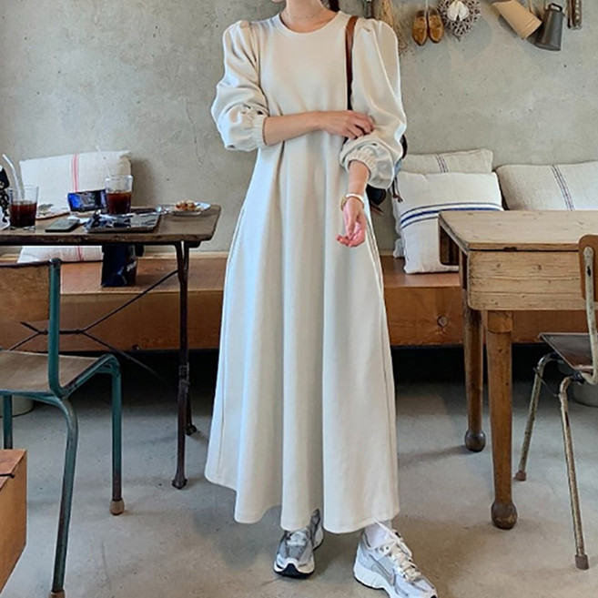 Paperments 極簡泡泡袖雙口袋傘狀連身裙 08970 含大尺碼, 杏色