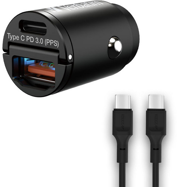 Verbatim 威寶 C&A型 45W PPS 完全嵌入式雙埠超迷你高速車用充電器 + C to C 充電線, 66884, 黑色