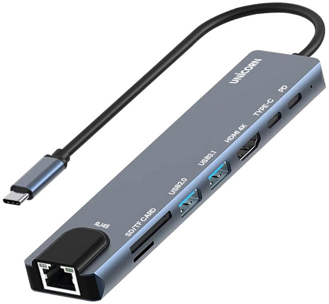 UNiCORN 8 IN 1 LAN / HDMI USB多功能集線器 TCH-L60, 灰色