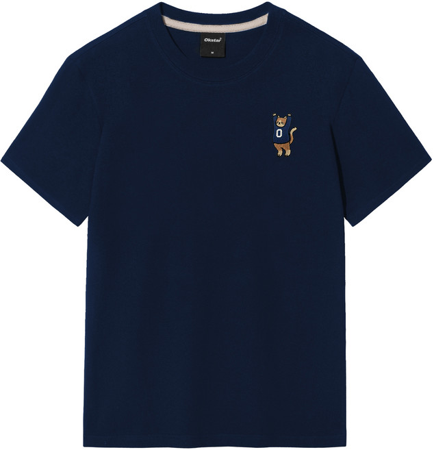 okstar 男女通用 萬歲貓 刺繡 透氣 短袖 T恤 4TS018, 海軍藍