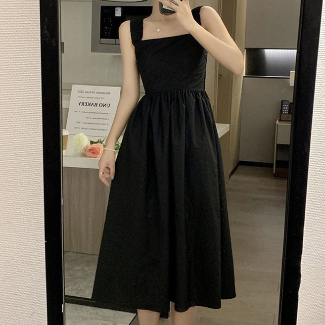 Elsso 漂亮舒適材質好的方領無袖長洋裝, 黑色