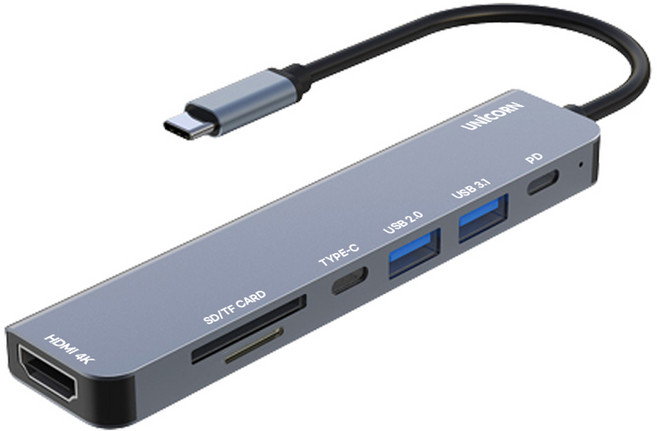 UNiCORN 7IN1 HDMI USB-C型 多功能集線器 TCH-P40, 灰色, 1個
